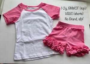 Pink Baby Girls Ruffled Shorts and Tee Outfit Sz 1-2y Shorties Set Summertime